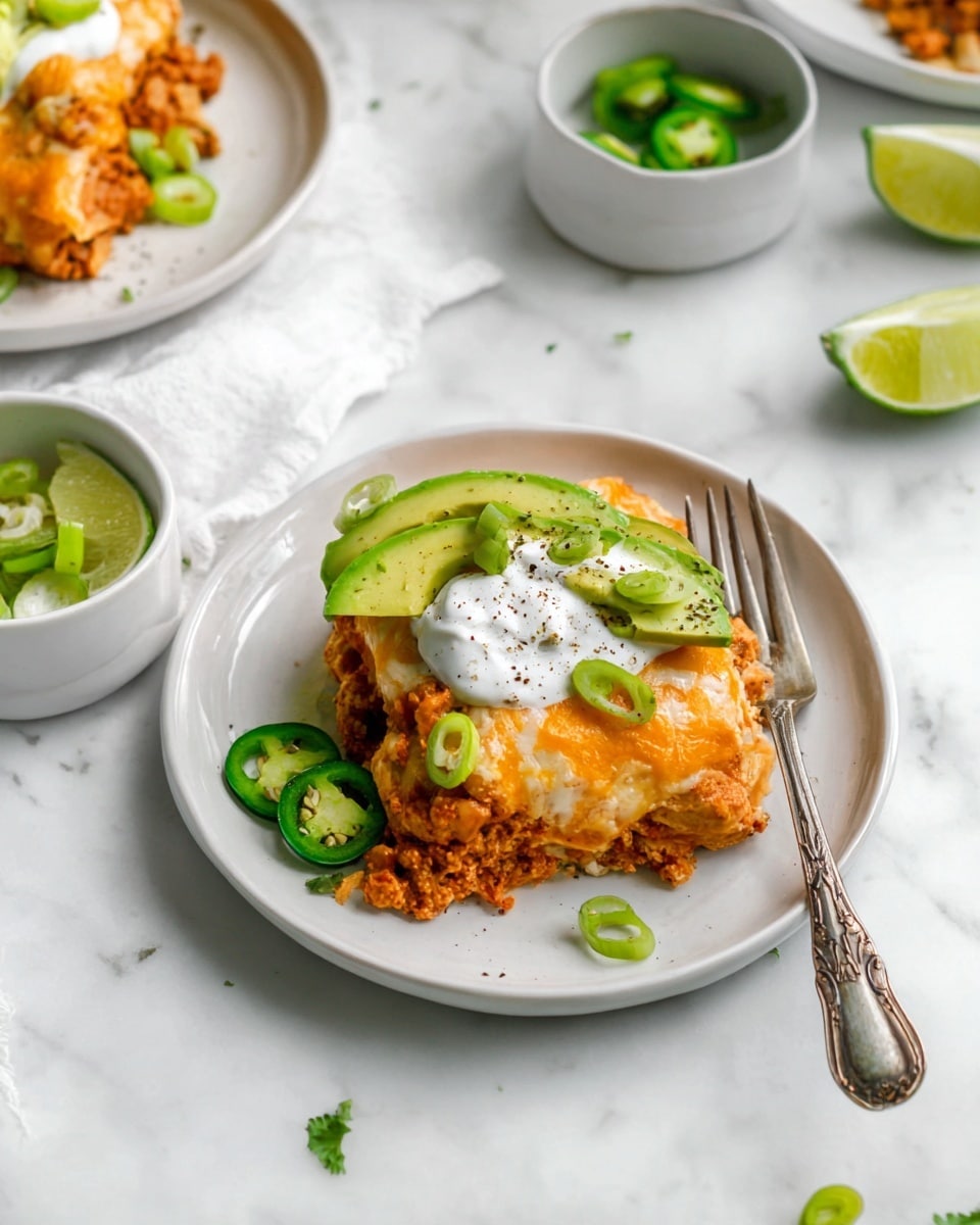 On a white plate, there is a layered dish starting with a base that looks like a baked or cooked filled pastry or tortilla with a light golden-brown baked top. Above this base is a layer of orange-colored melted cheese or sauce mixed with small pieces of meat or crumbly topping. On top, there is a dollop of white sour cream sprinkled with black pepper, slices of fresh green avocado, and thin green onion pieces. There are also thin green slices of jalapeño peppers and a wedge of lime resting on the side. A vintage silver fork lies next to the dish on the plate. The background is a white marbled surface, with another similar plate and small white bowls with lime wedges and green vegetables scattered around. photo taken with an iphone --ar 4:5 --v 7