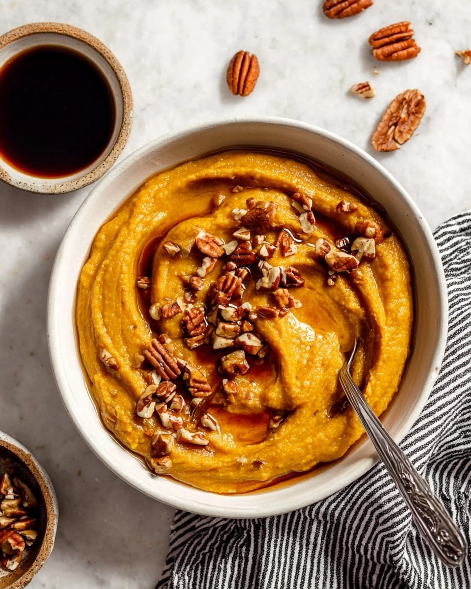 A white bowl filled with a thick, creamy pumpkin-colored dish, swirled on the surface to show texture, topped with whole and chopped pecans scattered over the top, and a drizzle of shiny amber syrup pooling slightly around the edges; a silver spoon is placed inside the bowl, partially covered by the dish. The bowl sits on a white marbled surface, next to a small bowl of dark syrup and a striped black and white cloth napkin. photo taken with an iphone --ar 4:5 --v 7