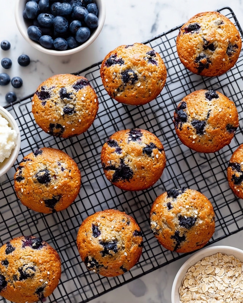 The image shows ten round blueberry muffins cooling on a black wire rack. Each muffin is golden brown on top with visible dark purple blueberries scattered throughout, giving a bumpy texture to the surface. The muffins are arranged in loose rows on the rack, placed over a white marbled surface. On the top left corner, there is a small white bowl filled with fresh blueberries and a smaller white bowl with white cottage cheese next to it. A few loose blueberries are scattered around the bowls. In the bottom right corner, part of a white bowl with light beige oats is visible. The bright natural light highlights the warm brown color of the muffins and the shiny blueberry spots. photo taken with an iphone --ar 4:5 --v 7