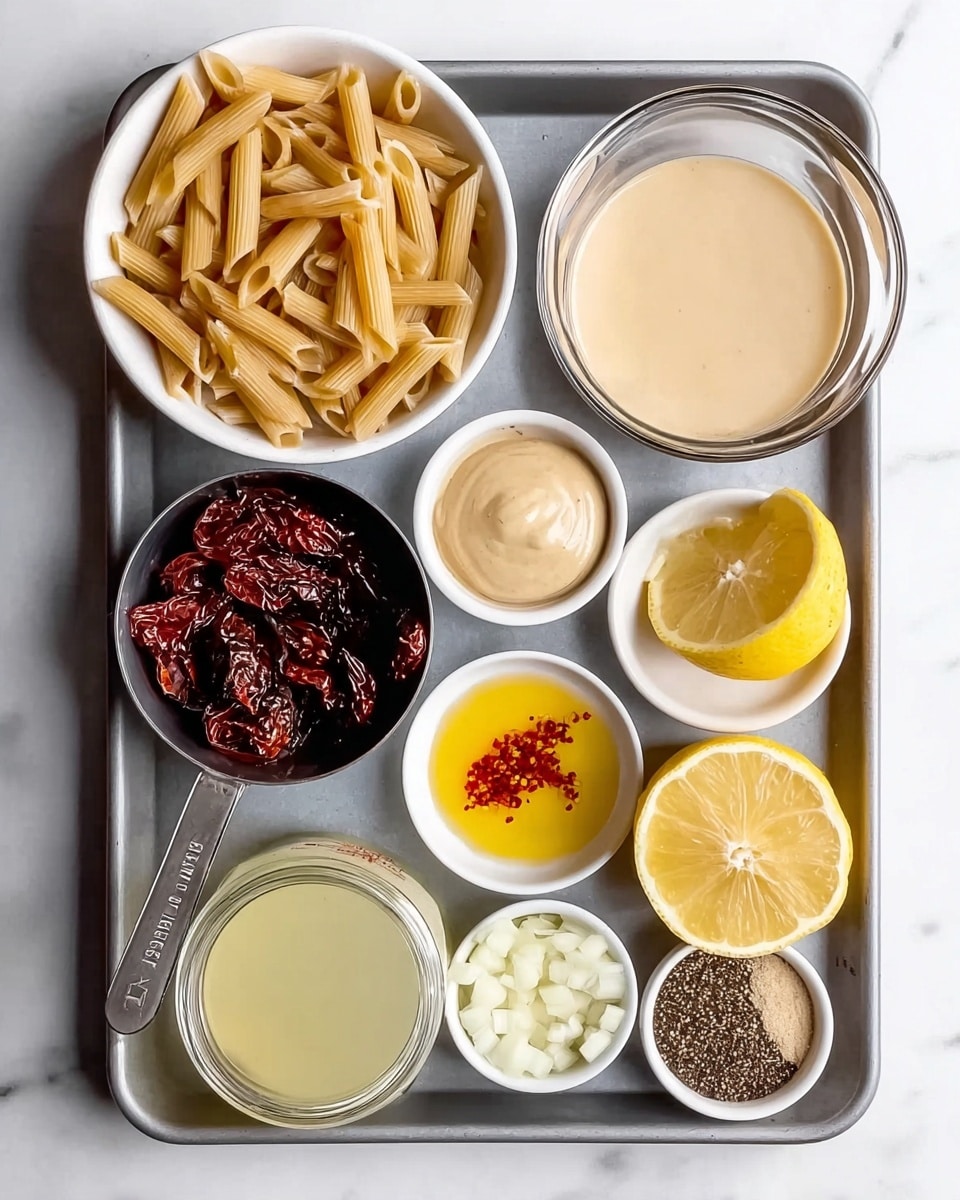 The image shows a metal baking tray on a white marbled surface holding several small containers with cooking ingredients. Starting from the top left, there is a white bowl filled with uncooked penne pasta, beige in color. To its right, a glass bowl holds a smooth, light beige liquid. Below the pasta, a metal measuring cup contains dark red, dried sun-dried tomatoes. In the center is a small white bowl with a pale beige paste. To its right, a small white bowl contains a golden yellow liquid with red flakes on top. Below the paste is a lemon cut in half showing bright yellow inside and next to it is another lemon half. At the bottom left, a glass jar is filled with a pale, yellowish liquid. Next to it is a small round white bowl filled with chopped white onions. Below the onions is a small white bowl with mixed black, white, and red spices. The items are neatly arranged with clear colors and textures. Photo taken with an iphone --ar 4:5 --v 7