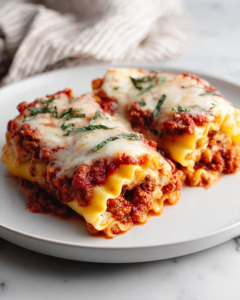 Two pieces of rolled lasagna are placed side by side on a white plate. Each roll has multiple pasta layers visible, with a red tomato sauce mixed with bits of ground meat and soft melted white cheese covering the top and sides. Fresh green basil pieces are sprinkled on the cheese. The white plate sits on a white marbled surface, with a blurred cloth background. photo taken with an iphone --ar 4:5 --v 7