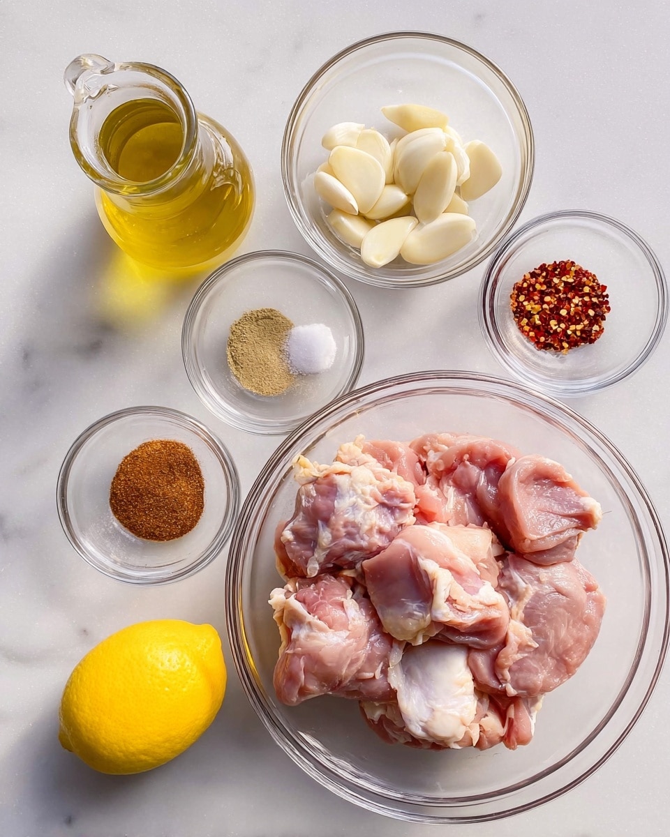 A clear glass bowl on the right is filled with pieces of raw pink chicken thighs with white fat. To the left, there is a smaller clear glass bowl with several colorful dry spices including light brown, red, dark brown, white, and crushed red pepper flakes arranged separately inside. Above the spices, another small clear glass bowl holds peeled white whole garlic cloves. To the top left of the image, a clear glass bottle contains yellow olive oil. Below the oil bottle, a whole yellow lemon sits directly on a white marbled surface. The photo is well lit with natural light from above, showing clear details and colors, photo taken with an iphone --ar 4:5 --v 7