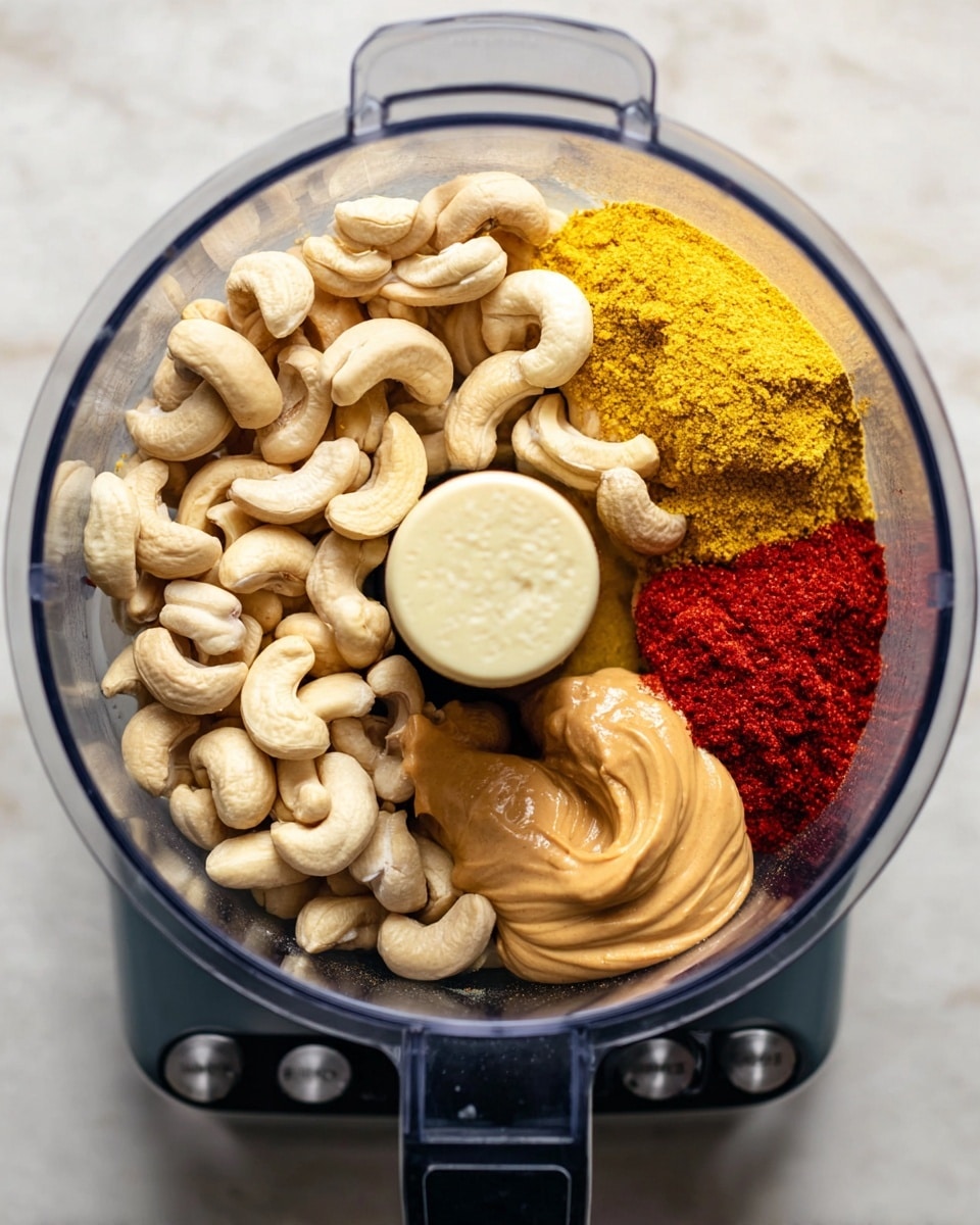 A clear food processor bowl filled with whole cashews that are pale beige and smooth, covering the top layer. On one side, a pile of bright yellow powder and next to it a large dollop of creamy peanut butter with a light caramel color. Near the peanut butter, there is a small heap of vibrant red spice powder. The bowl is set on a white marbled surface, with the food processor base visible below, which is dark gray with black buttons. Photo taken with an iphone --ar 4:5 --v 7