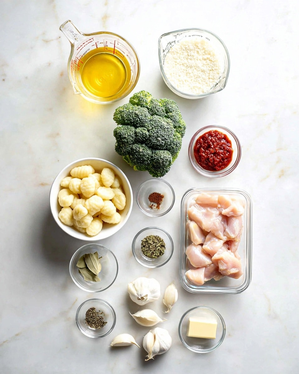 The image shows a top-down view of various cooking ingredients placed separately on a white marbled surface. At the top left, there is a clear glass measuring cup filled with a golden-yellow liquid, and to its right, another clear measuring cup filled with white granulated substance. Below them is a broccoli crown, deep green with textured florets. To the left of the broccoli, a white bowl is filled with small pale yellow gnocchi, and below that, a tiny bowl with a bright red paste. To the right of the gnocchi, a clear plastic container holds raw light pink chicken pieces. Around these main items, small clear glass bowls hold varying seasonings including black pepper with salt, dried herbs, a pat of butter, and chili powder. At the bottom center are several whole garlic cloves arranged loosely. The entire scene is neat with ample empty white space around the ingredients. photo taken with an iphone --ar 4:5 --v 7