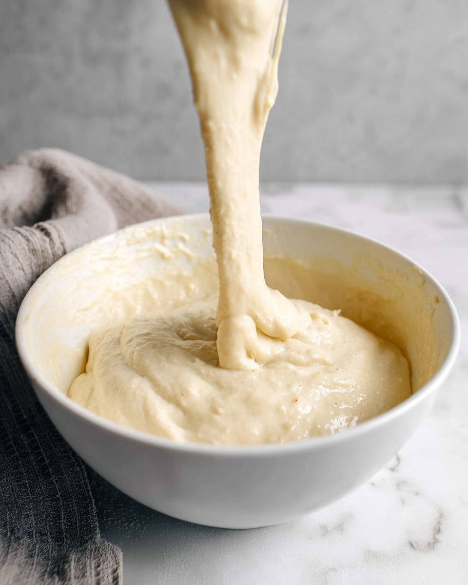A white bowl filled with a thick, pale beige batter that looks smooth and creamy, with some slight bubbles and a soft texture. The batter is stretched upward as a viscous stream, being lifted out of the bowl, showing its elastic and sticky quality. The bowl sits on a white marbled surface, and a soft textured gray cloth is in the background. photo taken with an iphone --ar 4:5 --v 7