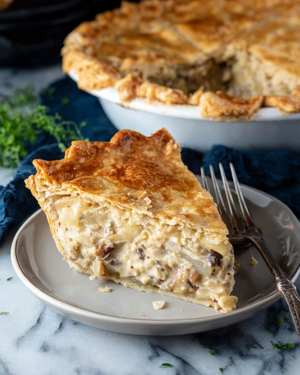 A thick slice of pie with a light golden, flaky crust on top and a layered filling made of creamy, beige and brown ingredients is placed on a white plate with a silver fork beside it. In the background, a whole pie with a similar crust sits in a white pie dish on a white marbled surface, with some green herbs for decoration, and a dark blue cloth is partially visible near the plate. The crust edges are crimped, and the filling looks soft and dense with visible small chunks inside. photo taken with an iphone --ar 4:5 --v 7