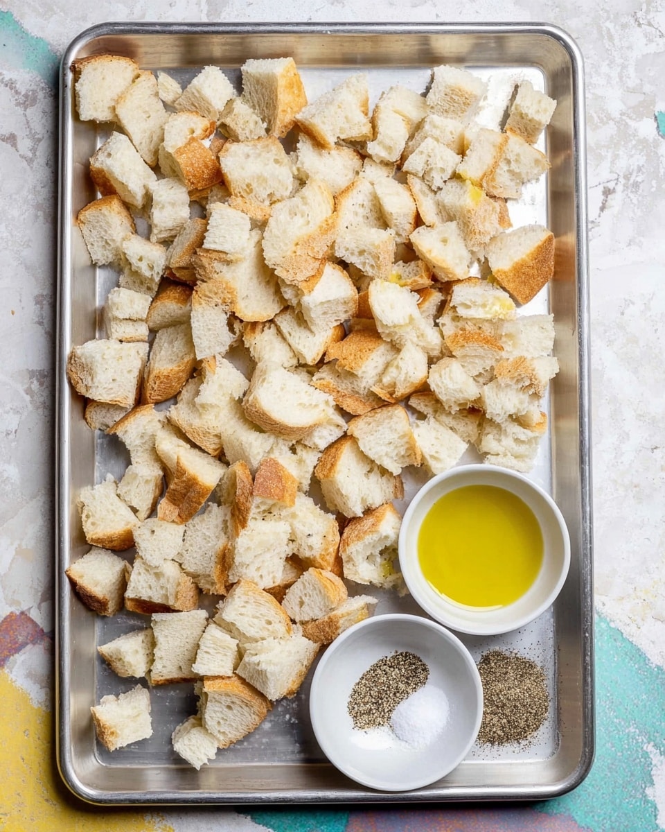The image shows a metal baking tray filled with pieces of white bread torn into small chunks with some crust still on them, spread out unevenly. Near the bottom right of the tray, there are two small white bowls, one filled with a golden-yellow liquid (likely oil) and the other containing a mix of ground black pepper and white salt. The tray rests on a white marbled textured surface. photo taken with an iphone --ar 4:5 --v 7