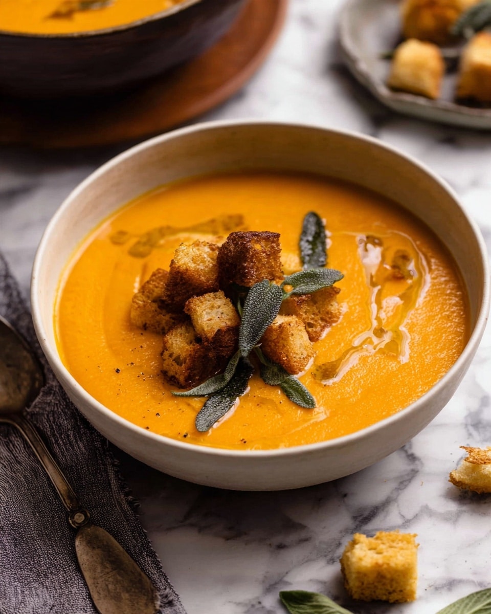 A bowl of smooth orange soup fills the white shallow bowl with a creamy texture, topped with a small pile of golden brown crispy croutons and a few dark green sage leaves scattered on top, lightly drizzled with golden oil. The bowl sits on a white marbled surface with a soft gray and white cloth nearby and some scattered croutons outside the bowl. photo taken with an iphone --ar 4:5 --v 7