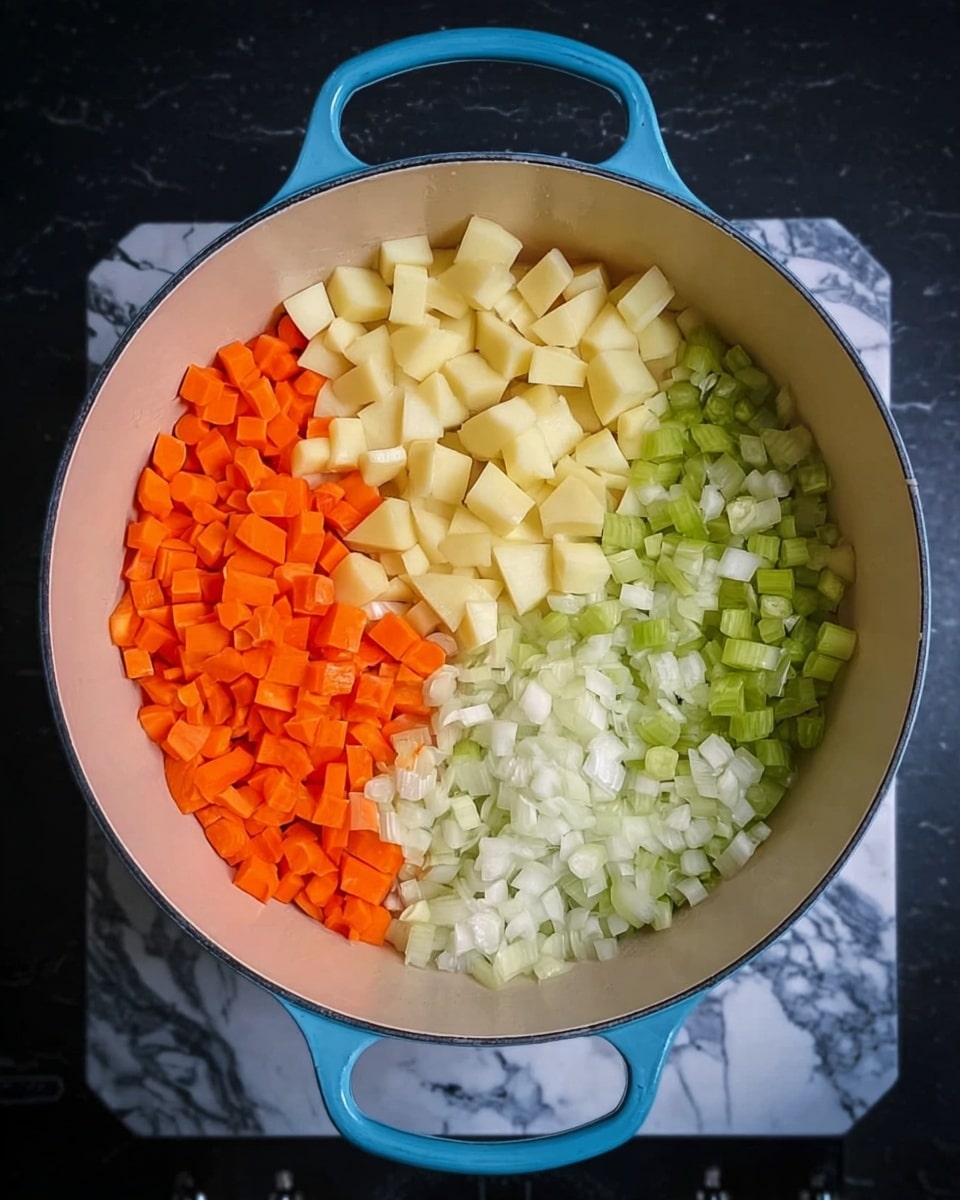 A large light blue pot with two handles is shown from above, sitting on a dark surface with a white marbled texture visible below it. Inside, there are four distinct layers of chopped vegetables arranged in separate sections. One layer has small orange carrot cubes, another has pale yellow potato cubes, a third contains light green and white celery pieces, and the last one has finely chopped white onions. The vegetables are fresh with clear colors and textures, organized so each type stands out in its own area, filling almost the whole pot. photo taken with an iphone --ar 4:5 --v 7