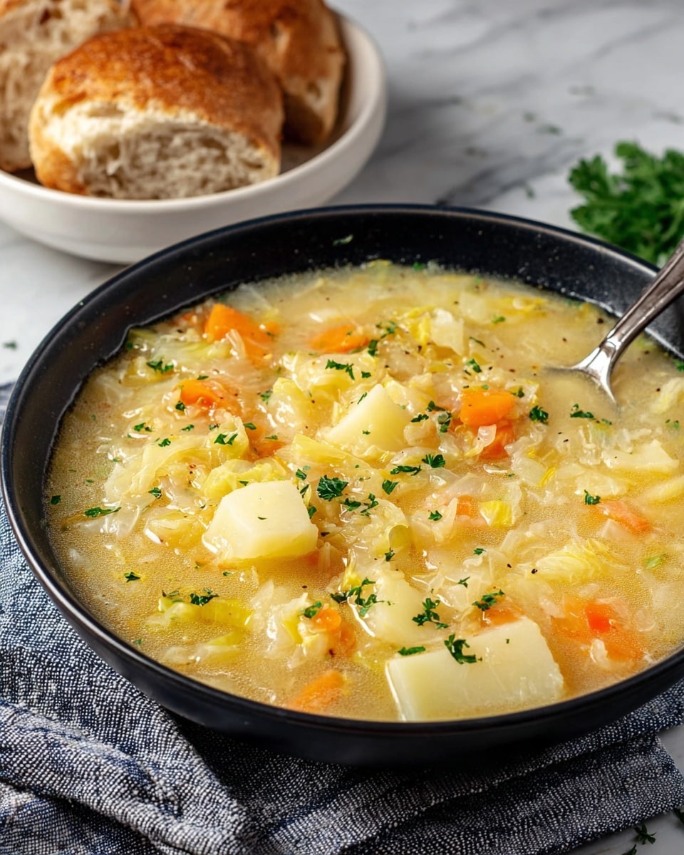 A black bowl filled with thick soup containing large pieces of white potatoes, orange carrot cubes, and shredded light cabbage, all held together by a creamy pale yellow broth with small green herb bits sprinkled on top, garnished with fresh parsley. The bowl sits on a striped cloth napkin, and in the background, there is a white bowl holding two pieces of crusty bread with golden-brown crust. The scene is set on a white marbled surface, with a silver spoon resting inside the soup. photo taken with an iphone --ar 4:5 --v 7