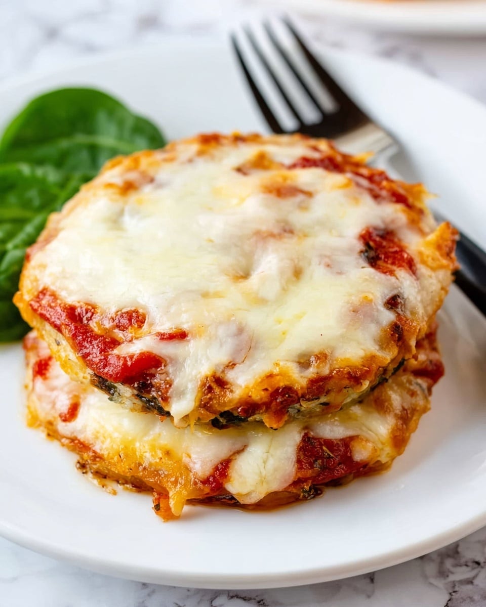 Two round layers of golden brown base topped with melted white cheese and red tomato sauce sitting stacked on a white plate. The edges of the base are slightly crispy and uneven, visible under the creamy cheese layer that covers most of the top. There are hints of tomato sauce peeking through the cheese in red patches. A small green spinach leaf sits next to the food on the left side. A fork with a black handle lies behind the stack on a white marbled surface. Photo taken with an iphone --ar 4:5 --v 7