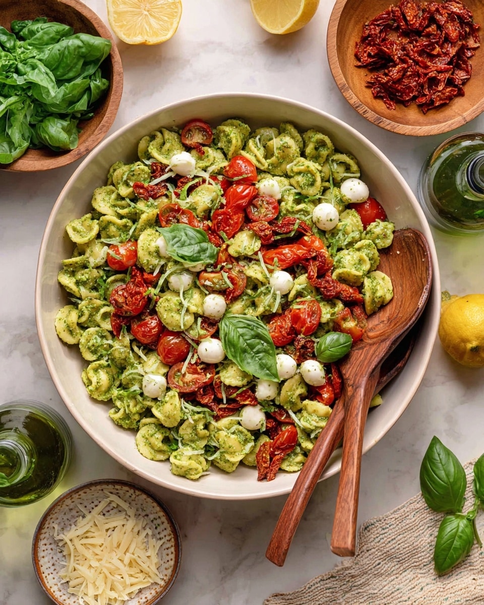 A large white bowl filled with three layers of colorful pasta salad; the base layer is green pesto-coated pasta shapes, the middle layer has small white mozzarella balls and bright red cherry tomato halves scattered evenly, and the top layer is sprinkled with thin strips of fresh green basil leaves and sun-dried red tomatoes. Two wooden spoons rest inside the bowl on the right side. Around the bowl, there is a wooden bowl with chopped basil, a white bowl with sun-dried tomatoes in oil, a white plate with grated cheese, a green glass bottle, lemon halves, and whole basil leaves all set on a white marbled surface. Photo taken with an iphone --ar 4:5 --v 7