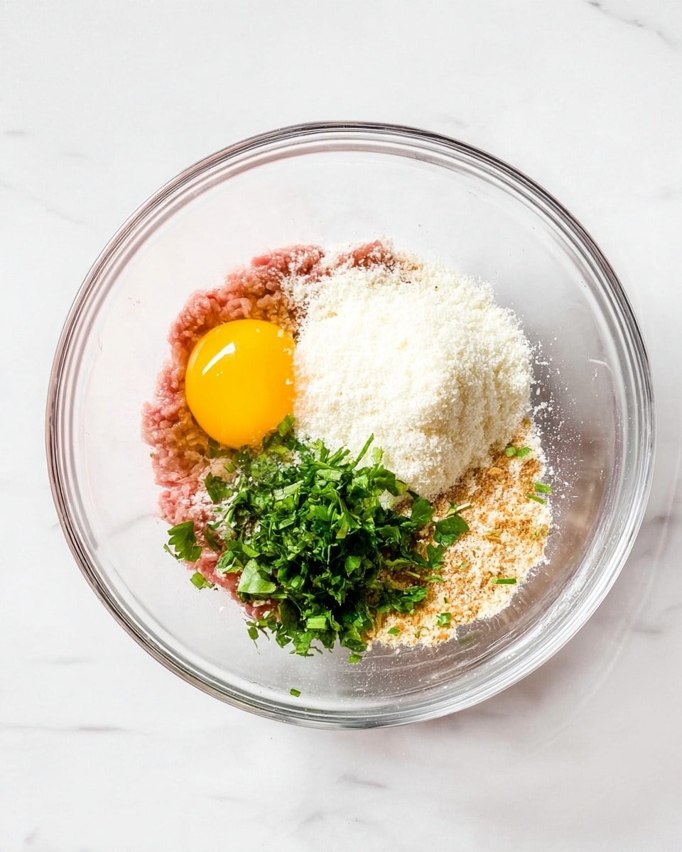 A clear glass bowl rests on a white marbled surface, containing several distinct layers of ingredients. At the bottom, there is a base of pink ground meat. On top of the meat, on the left side, lies a single bright yellow raw egg yolk with a bit of clear egg white around it. To the right of the egg yolk, there is a mound of white grated cheese with a powdery texture. Above the cheese, a small pile of chopped green herbs, likely parsley or cilantro, adds a fresh pop of color. There are also some light brown breadcrumbs scattered on the right side around the cheese. The bowl is viewed from above, showing all the ingredients clearly without mixing. Photo taken with an iphone --ar 4:5 --v 7