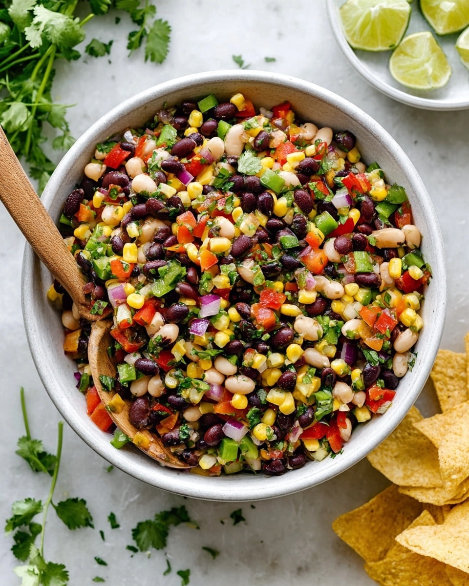A white bowl filled with a colorful bean salad made of black beans, white beans, yellow corn, red diced tomatoes, green diced bell peppers, and small bits of purple onion, garnished with fresh green cilantro leaves on top; a wooden spoon rests on the left inside the bowl, partly covered by the salad; the bowl is on a white marbled surface with some cilantro leaves scattered around, a white bowl of lime wedges in the top right corner, and some tortilla chips in the bottom right corner. photo taken with an iphone --ar 4:5 --v 7