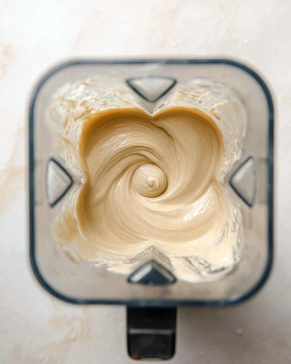 This image shows a close-up top view of a blender filled with a smooth, creamy, light beige mixture. The mixture swirls into a soft spiral pattern at the center, with a thick texture that sticks slightly to the blender walls. The blender container is clear and square-shaped with sharp corners, and it sits on a white marbled surface. Photo taken with an iphone --ar 4:5 --v 7