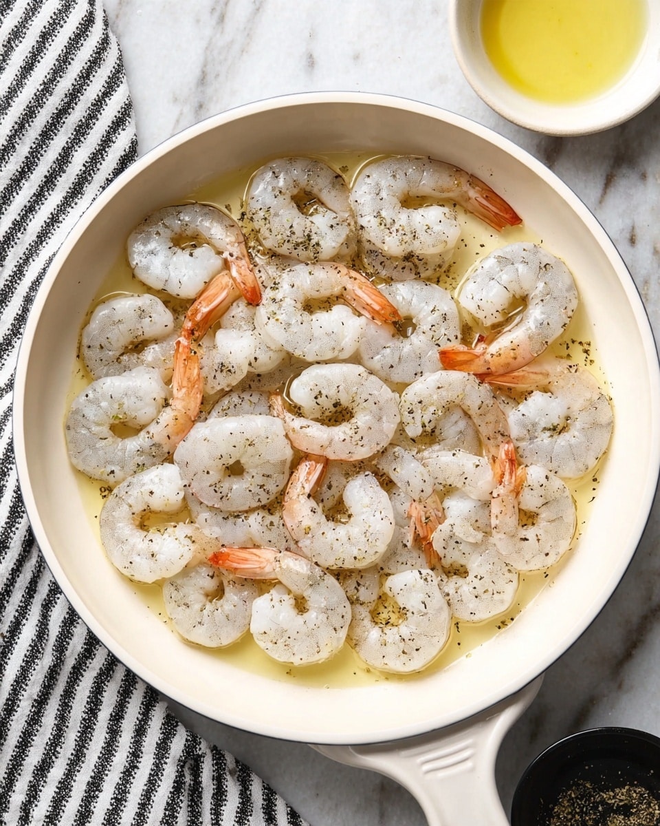 A white pan filled with one layer of raw shrimp arranged in a loose circular pattern with tails pointing outward, each shrimp a pale translucent gray with hints of orange at the tails, sprinkled evenly with black pepper, all sitting in a thin layer of olive oil that glistens slightly at the bottom. The pan rests on a white marbled surface with a black and white striped cloth partially visible in the top left corner. A small white bowl with some yellow liquid is placed near the top right edge, and a dark small round container sits near the bottom right edge. Photo taken with an iphone --ar 4:5 --v 7
