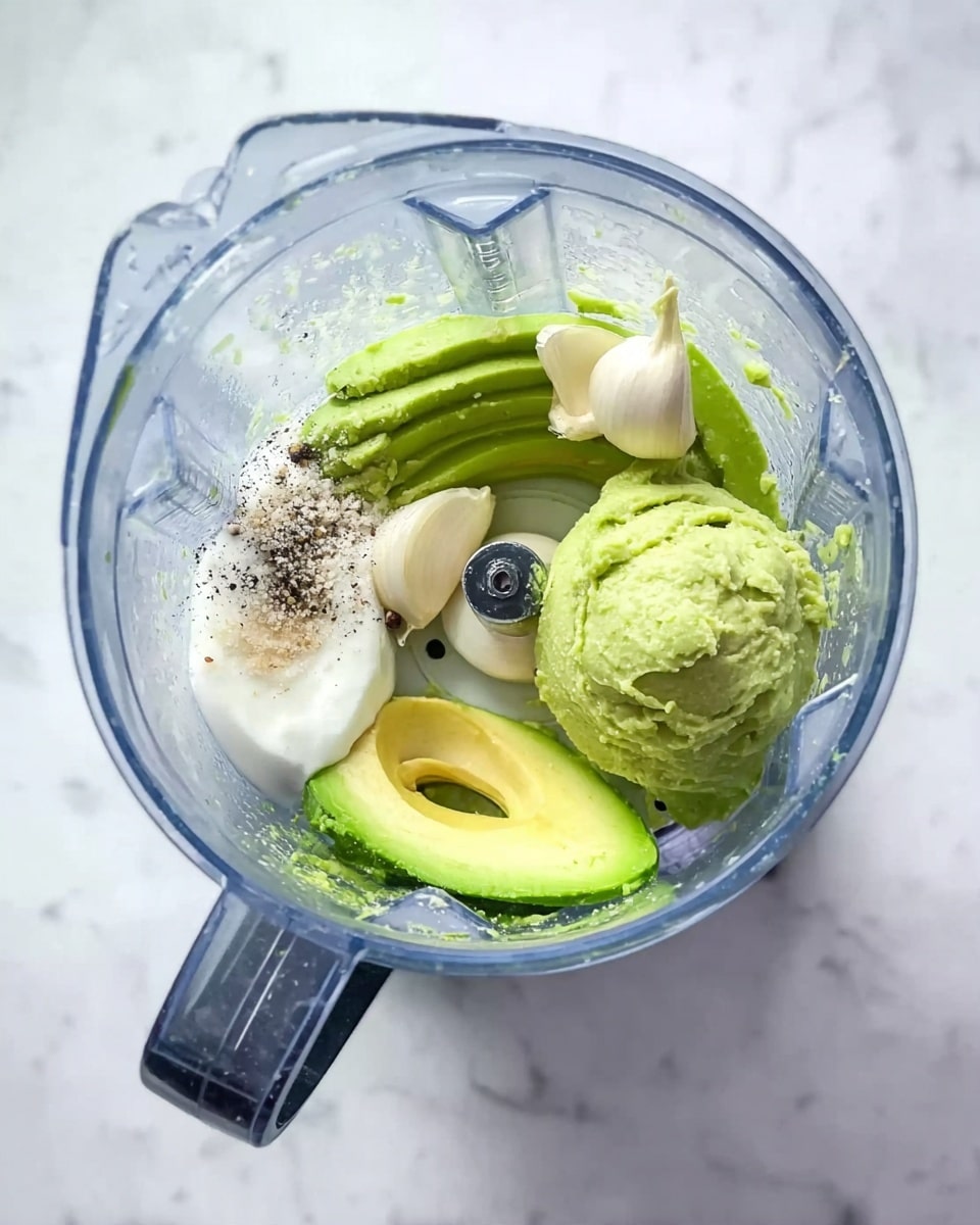 Inside a clear blender container, there are several layers starting with light green avocado slices and a big scoop of mashed avocado on top. Around the avocado, there are small amounts of white creamy sauce, coarse white salt, black pepper, and a white clove of garlic. The blender is placed on a white marbled surface. photo taken with an iphone --ar 4:5 --v 7
