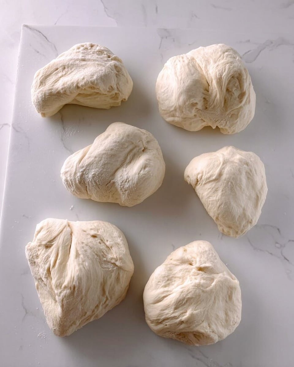 Five pieces of dough rest separately on a white marbled surface. Each dough piece is irregular and slightly folded, showing different shapes with soft, smooth, and slightly wrinkled textures. The dough is pale white with subtle shadows that show their soft and airy nature. The background adds a clean, bright, and smooth look. photo taken with an iphone --ar 4:5 --v 7