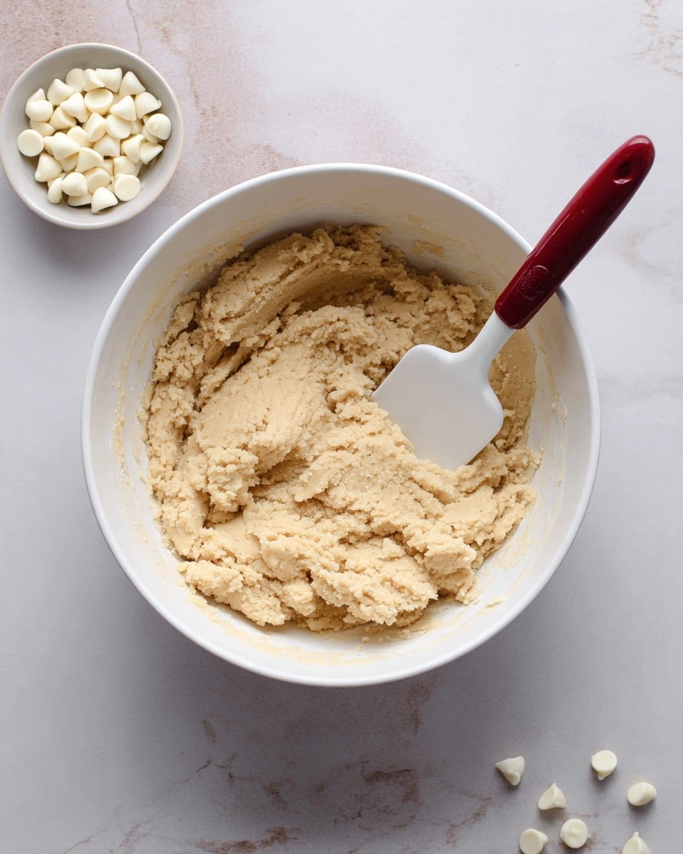 A white bowl filled with thick, light beige cookie dough with a soft, slightly crumbly texture sits on a white marbled surface. Inside the bowl, a white spatula with a dark red handle is partly stuck in the dough, angled towards the upper right. To the top left of the bowl, there is a small white bowl containing smooth white chocolate chips, with a few chips spilled on the marbled surface nearby. The scene is simple and clean with soft, natural lighting. photo taken with an iphone --ar 4:5 --v 7