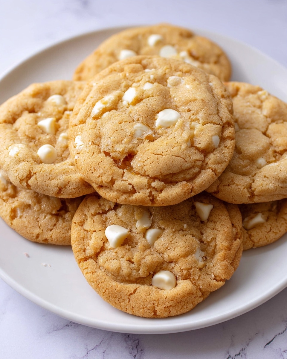 A white plate with six light golden brown cookies stacked close together. Each cookie shows a cracked, soft texture with visible white chip pieces spread evenly on the surface. The cookies have a round shape with slightly uneven edges and a warm, slightly shiny finish. The plate is placed on a white marbled surface. photo taken with an iphone --ar 4:5 --v 7