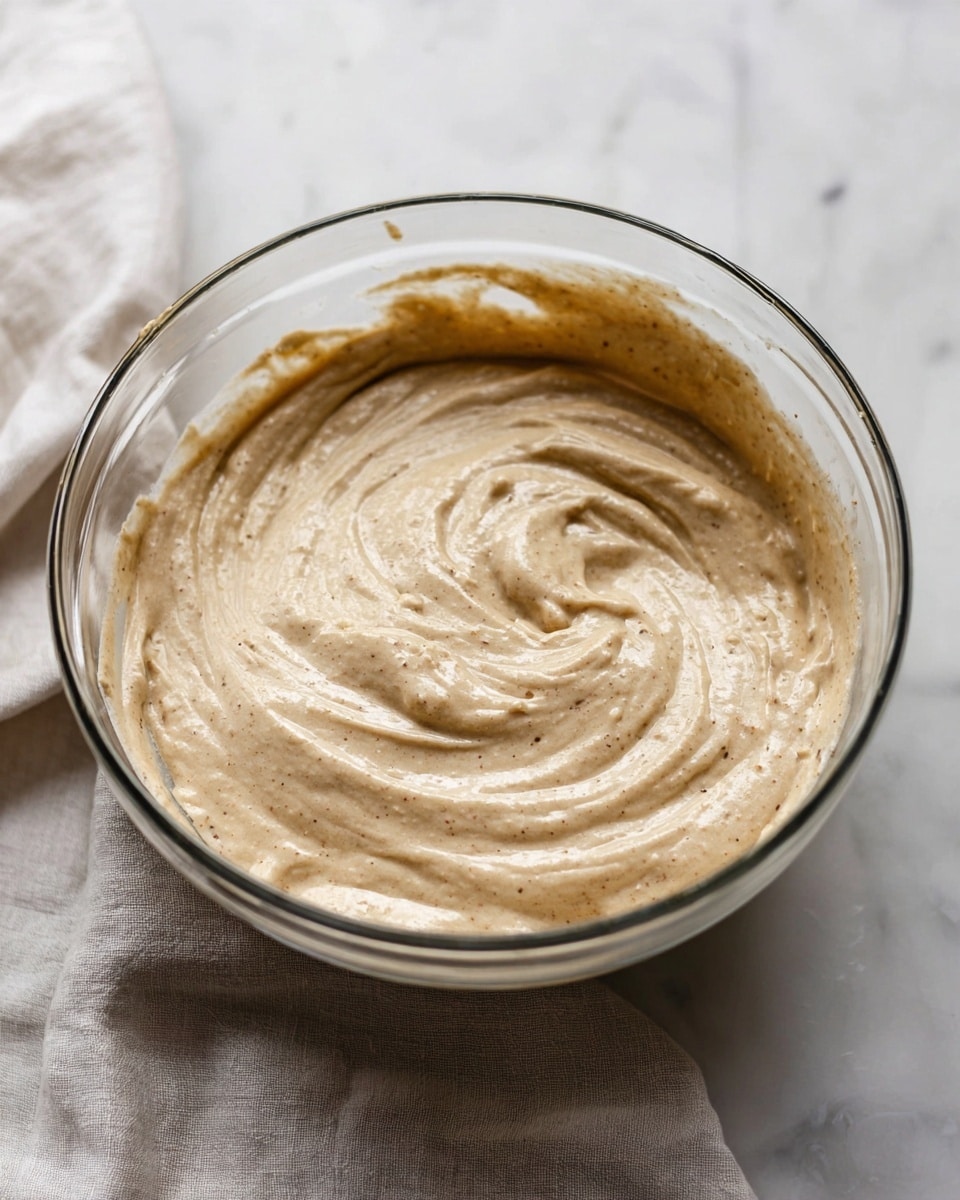 A clear glass bowl holds a thick, light beige batter with small darker specks spread evenly throughout. The batter has soft swirls and peaks formed in the mixing process, showing a smooth yet slightly textured surface. The bowl sits on a white marbled surface with a soft, light cloth partially visible beside it. The overall image shows a close-up of the batter inside the bowl in natural light. photo taken with an iphone --ar 4:5 --v 7