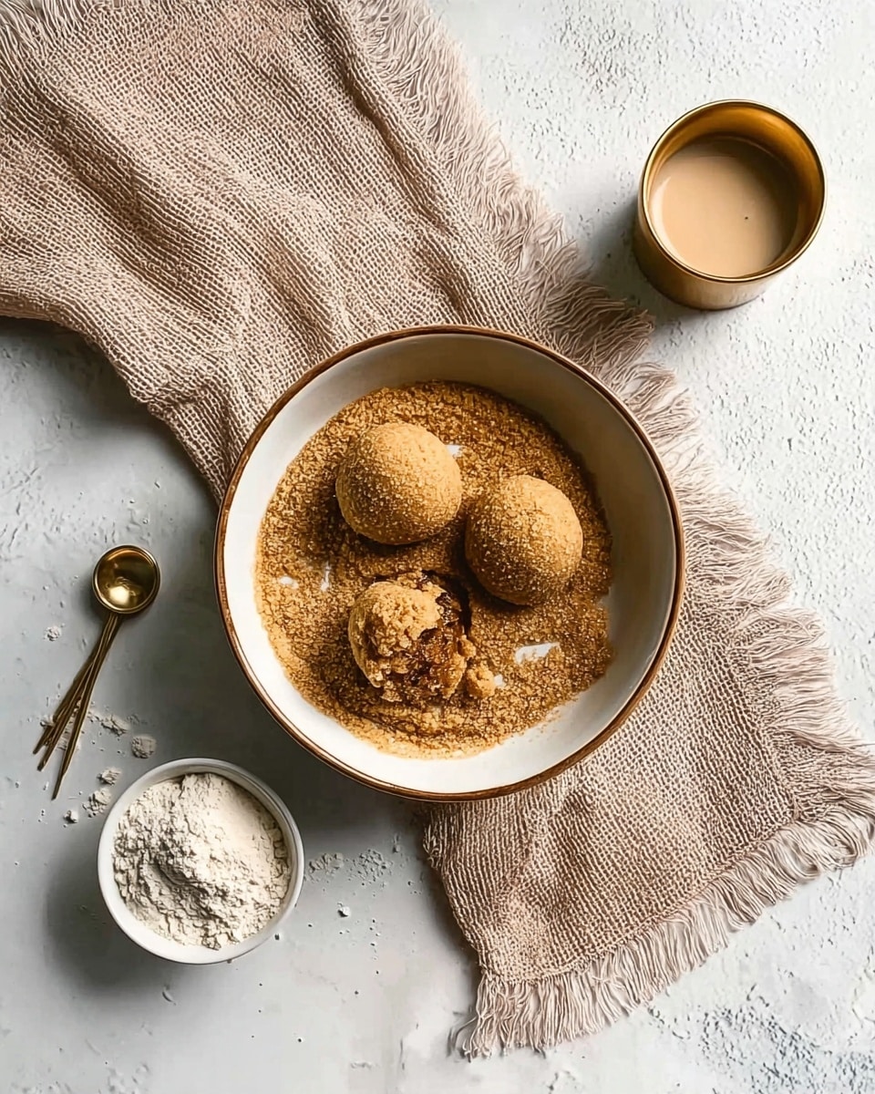 The image shows a white bowl with a brown rim filled with a layer of brown sugar spread unevenly. On top of the sugar, there are three small round scoops of a brown dough-like mixture, with one scoop partially covered in sugar and the other two fully visible. The bowl is placed on a light brown textured cloth with fringed edges, resting on a white marbled surface. To the top right of the bowl, there is a small gold cup with a beige liquid inside. To the bottom left, there is a small white bowl containing white flour or a similar powder. Two small gold measuring spoons lie on the cloth near the bottom right corner. Photo taken with an iphone --ar 4:5 --v 7