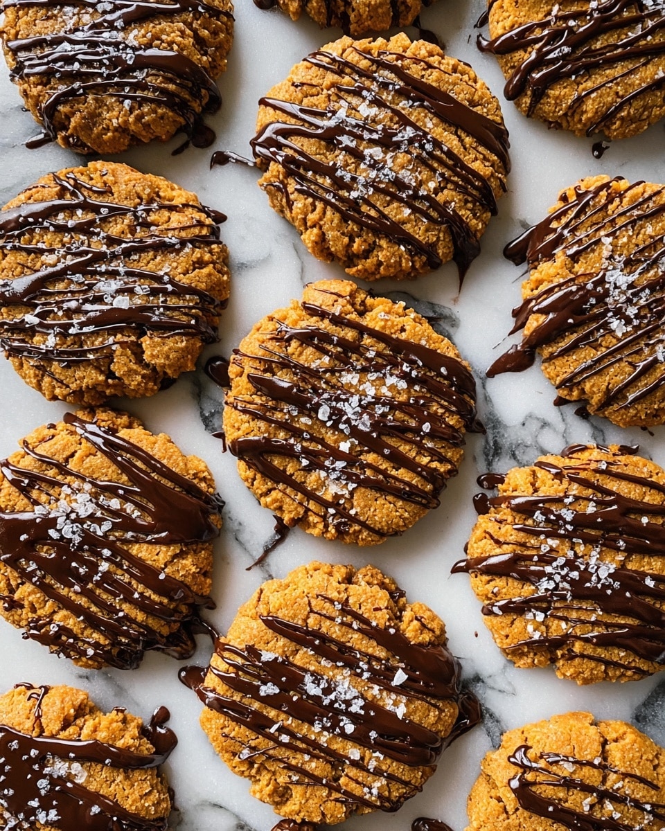 The image shows multiple round cookies with a rough, crumbly texture and a golden-brown color, arranged closely on a white marbled surface. Each cookie is topped with shiny, dark brown chocolate drizzles that vary in thickness, creating a pattern of lines and spots that spread beyond the cookies onto the surface. Some cookies are sprinkled with small flakes of white sea salt, adding a coarse texture that contrasts with the smooth chocolate and crumbly cookie base. Photo taken with an iphone --ar 4:5 --v 7