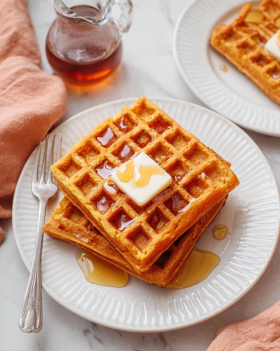 Two square waffles are stacked slightly on a white plate with round embossed edges. The top waffle is golden brown, showing a grid pattern filled with amber syrup, and has a square piece of pale butter melting in the center with syrup dripping over it. The bottom waffle peeks out from beneath, also golden brown with a textured grid. A silver fork lies to the left side of the plate on a white marbled surface, with a soft peach cloth partially visible in the top left corner. A clear glass jug filled with syrup sits to the top right of the plate, and part of another white plate with extra waffles is visible in the bottom right corner. photo taken with an iphone --ar 4:5 --v 7