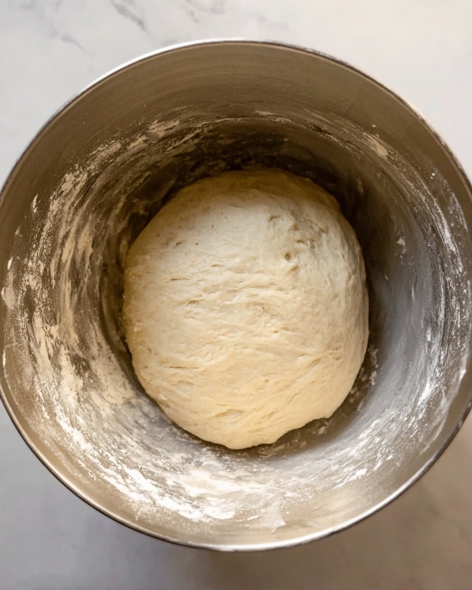A close-up top view of a soft, smooth ball of dough sitting in a large silver mixing bowl. The dough is pale beige with a slightly glossy, moist surface, and the bowl shows some flour and dough remnants around the sides. The bowl is placed on a white marbled surface, highlighting the clean, simple baking setup. Photo taken with an iphone --ar 4:5 --v 7