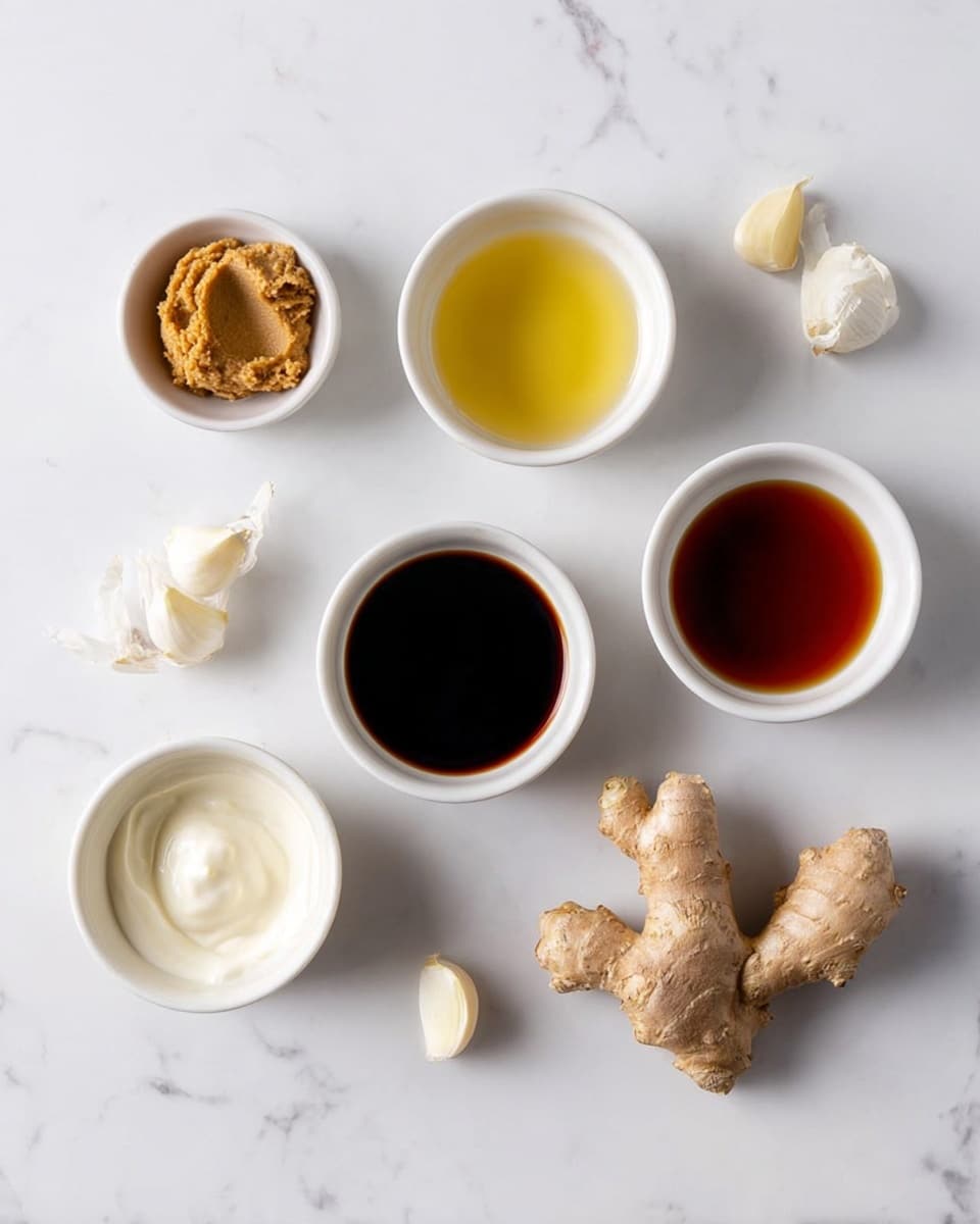 The image shows a white marbled surface with seven small white bowls and some fresh ginger and garlic cloves arranged neatly. Starting from top left, there is a bowl with light brown miso paste, to the right a bowl filled with light golden liquid, next to it a bowl with dark brown soy sauce, and far right a bowl with a similar light golden liquid. Below these, there is a bowl with dark soy sauce in the middle, to its left a bowl with thick white mayo-like substance, and next to that, two garlic cloves placed directly on the white marble. On the right side below the liquids, a fresh light brown ginger root is placed. The items are spaced evenly on the white marbled surface. photo taken with an iphone --ar 4:5 --v 7