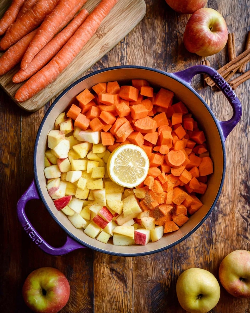 A large round pot with dark purple handles holds three layers of chopped ingredients arranged side by side: the top left section has thick orange carrot pieces, the top right section contains smaller diced orange sweet potato chunks, and the bottom half is filled with light yellow and red apple cubes. In the center of the pot lies a halved lemon, flat side up, resting beside two cinnamon sticks. The pot sits on a rustic wooden surface with whole carrots on a wooden cutting board in the top left and several whole apples around the bottom. Photo taken with an iphone --ar 4:5 --v 7