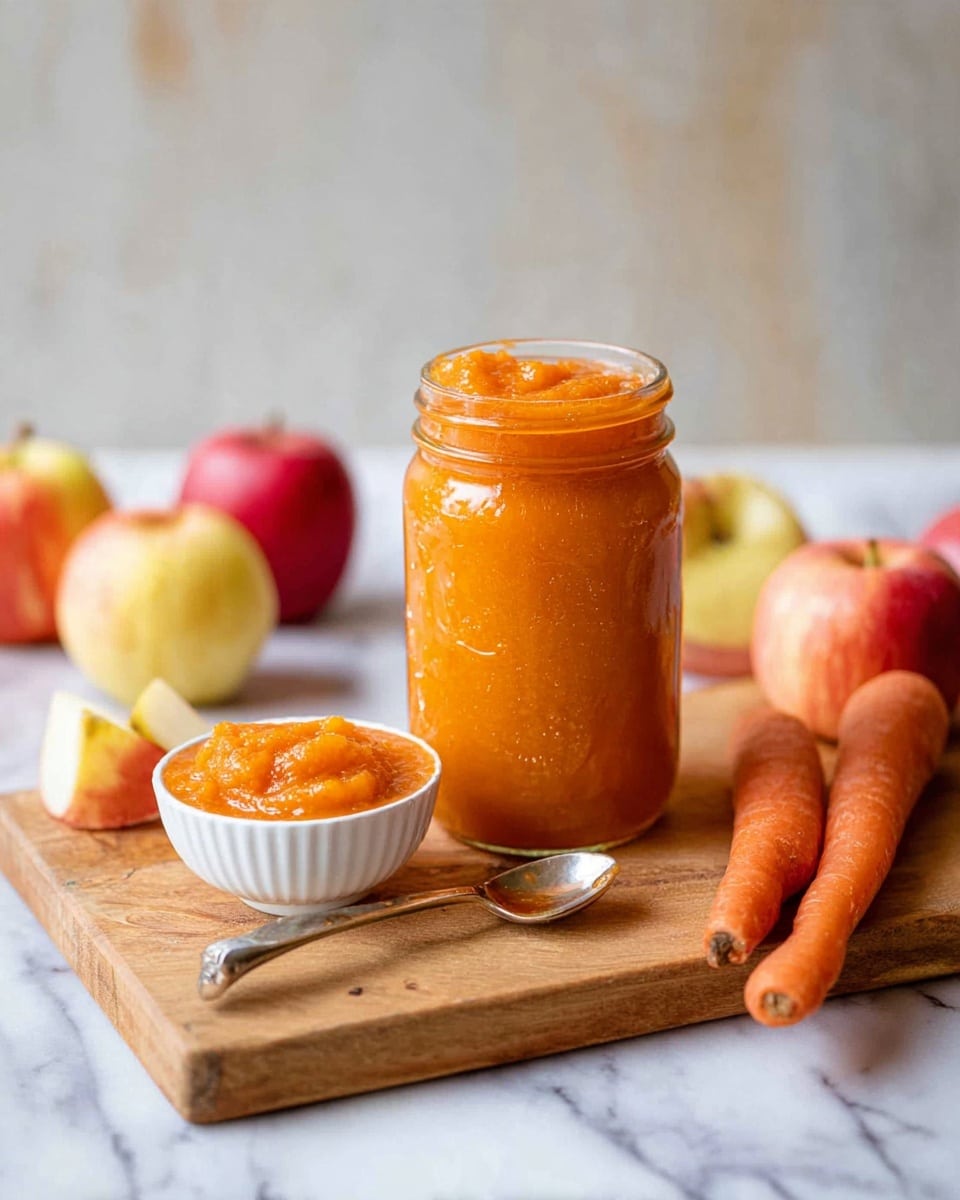 A clear glass jar filled to the top with thick orange puree sits on a wooden chopping board. Next to the jar, a white bowl holds more of the same orange puree with a soft texture. In front of the jar, a silver spoon with a small scoop of the puree rests on the wooden board. Around the board are two fresh carrots laying horizontally and several apples with red and yellow skin scattered nearby. The whole scene is set on a white marbled surface with a soft, neutral background photo taken with an iphone --ar 4:5 --v 7