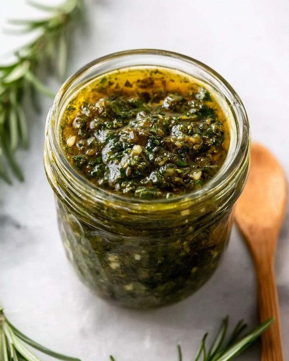 A clear glass jar filled with a green, chunky herb sauce that has visible bits of herbs and garlic. The sauce looks thick and textured with a mix of darker and lighter green tones. The jar sits on a white marbled surface, with sprigs of fresh rosemary blurred in the background and a wooden spoon on the right side, partly visible. The light shines softly on the jar, highlighting the sauce inside. photo taken with an iphone --ar 4:5 --v 7