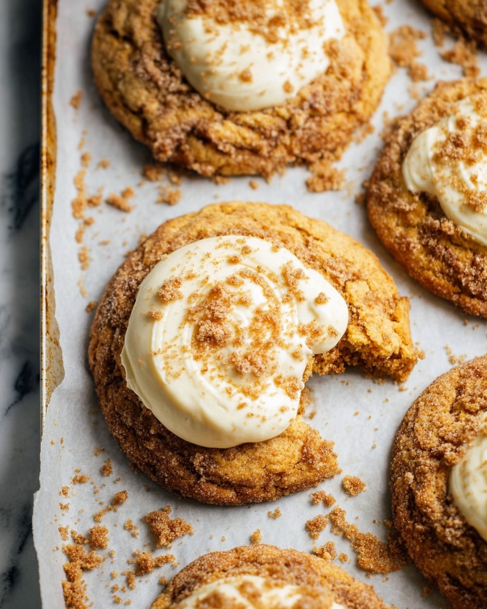 The image shows several large, round cookies on a baking tray lined with white parchment paper, placed on a white marbled surface. Each cookie has a golden-brown crispy outer layer with a crumbly texture, and the top center features a thick, smooth dollop of white cream or frosting sprinkled with small brown crumb pieces. One cookie is partially eaten, revealing a soft, light inside. The cookies are close together, with crumbs scattered around them. Photo taken with an iphone --ar 4:5 --v 7