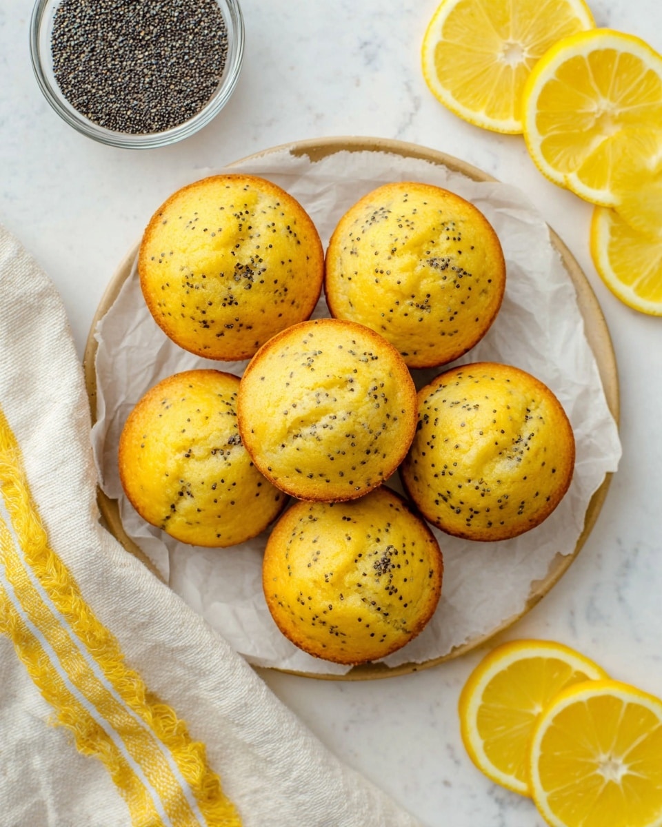 Seven lemon poppy seed muffins with a soft yellow color and small black poppy seeds spread evenly throughout are arranged on white parchment paper in a round white plate. The muffins have slightly browned edges and a smooth domed top. There are bright yellow lemon slices placed thinly around the plate and on the white marbled surface. A small glass bowl filled with dark poppy seeds sits near the top left corner. A striped linen cloth with a yellow-edged hem rests on the bottom left corner of the frame. The background is bright and clean with a white marbled texture. photo taken with an iphone --ar 4:5 --v 7