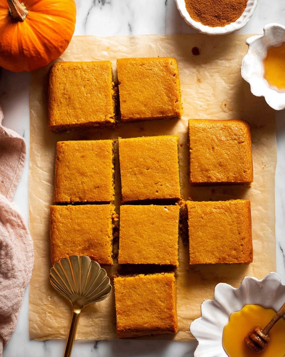 The image shows nine square pieces of pumpkin-colored cake arranged in three rows on a white marbled surface covered with parchment paper. The cake pieces have a slightly cracked, smooth top layer in a deep orange shade with a soft texture visible on the sides. A golden spoon with a shell-shaped bowl lies diagonally on one of the middle squares. At the top left corner, there is a bright orange pumpkin partly visible. A small white bowl containing brown powder, likely cinnamon or spice, is on the top right, and a white scalloped dish with golden honey sits near the bottom center. The scene is bright and warm, highlighting the autumn theme. Photo taken with an iphone --ar 4:5 --v 7
