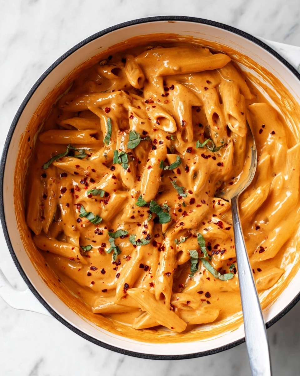 Two white bowls sit on a white marbled surface, each filled with creamy orange pasta. The pasta shapes are tube-like and coated evenly in a thick, smooth orange sauce. On top, there is a sprinkling of finely chopped bright green basil leaves and small bits of red chili flakes, adding a pop of color. Some grated white cheese is lightly scattered over the pasta. A silver spoon rests inside each bowl, slightly under the pasta. Around the bowls, a few fresh green basil leaves are scattered on the surface. Photo taken with an iphone --ar 4:5 --v 7