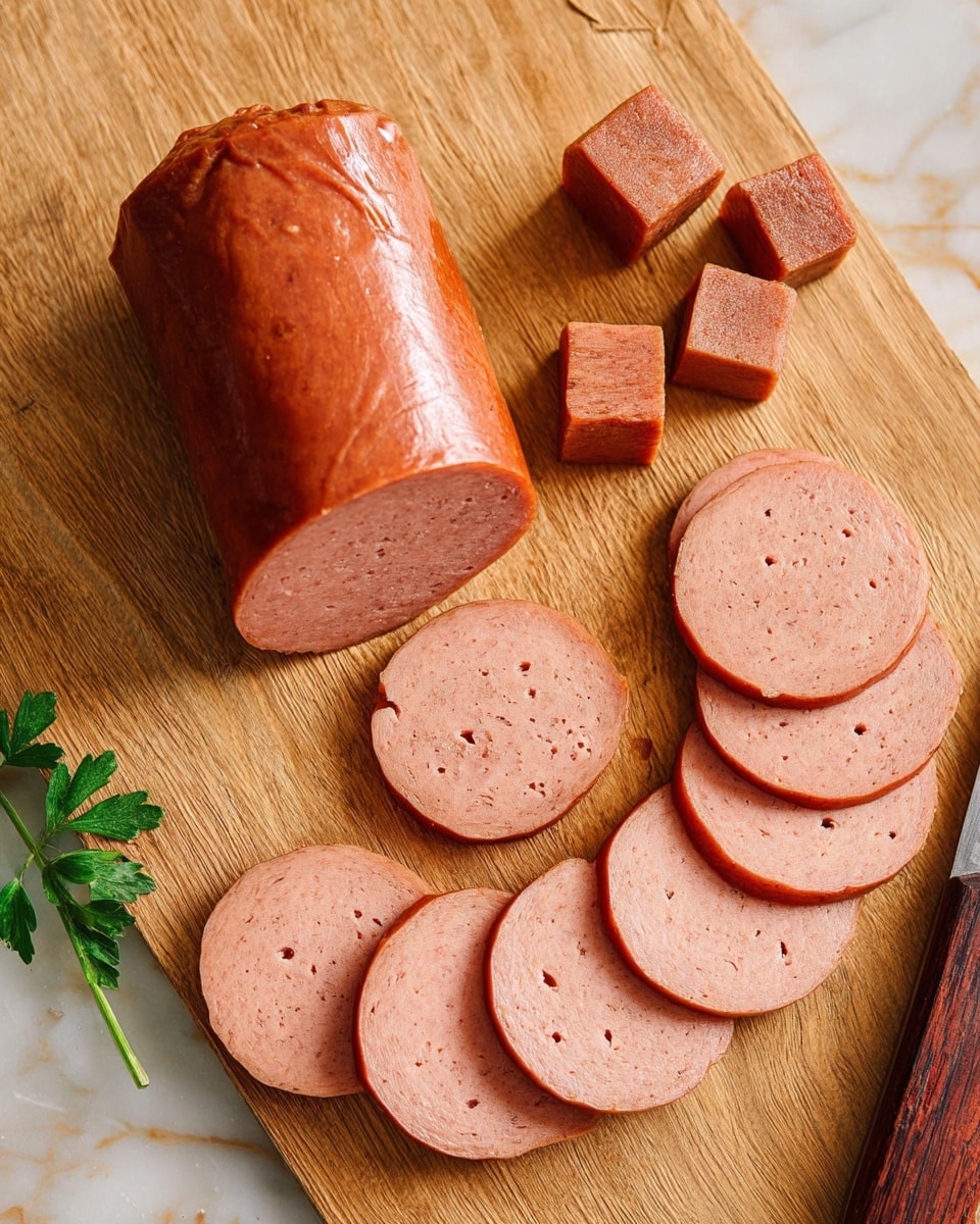 The image shows a wooden board with a large sausage roll on the left side, partially sliced. The roll has a smooth, reddish-brown outer skin with some wrinkles. There are seven round slices arranged in a curved row at the bottom, light pink inside with small holes and smooth edges. Above the roll, scattered small cubes of the same sausage are placed. A green herb sprig is at the bottom left corner, and a wooden-handled knife is visible on the right edge of the board. The background is a white marbled texture. Photo taken with an iphone --ar 4:5 --v 7