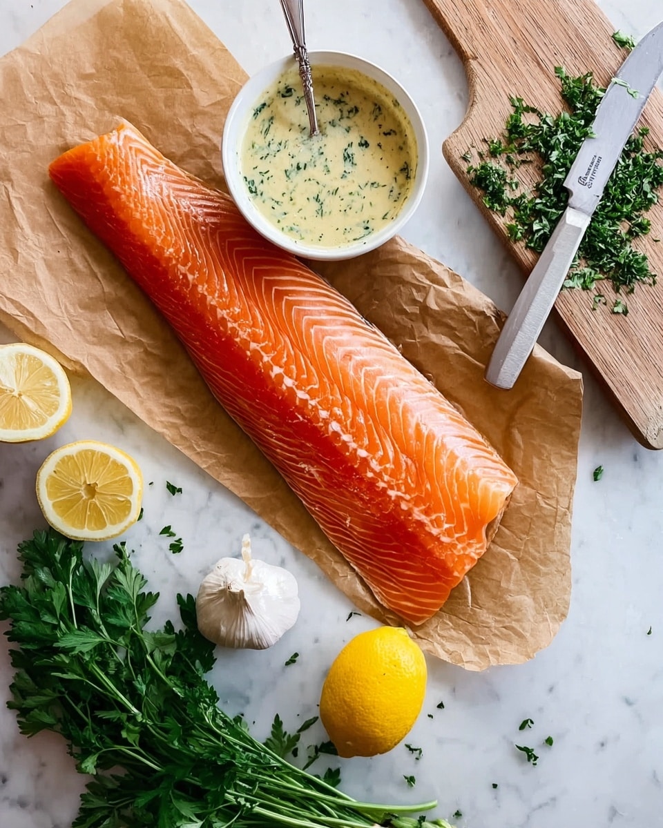 A large, bright orange salmon fillet with clear white lines lies on brown parchment paper over a white marbled surface. Above it, a small white bowl filled with a creamy, pale yellow sauce with green herbs mixed in has a silver spoon resting inside. To the right, a wooden cutting board holds a silver knife with chopped herbs near the blade. Fresh green parsley sprigs are scattered around the top and right sides. Below the salmon, there is a half lemon cut in two and a whole garlic bulb, all placed on the white marbled surface. Photo taken with an iphone --ar 4:5 --v 7