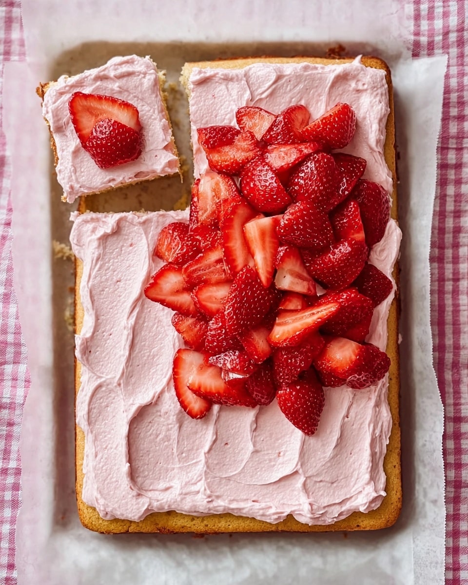 A rectangular sheet cake on white parchment paper shows two layers: the bottom layer is golden brown and smooth, while the top layer has a thick spread of light pink frosting with a whipped texture. In the center, there is a large pile of fresh, sliced strawberries, bright red with some green leaves still visible. One square piece of the cake is cut out and placed near the top left corner with a strawberry slice on top, showing both the cake and frosting layers clearly. The cake sits on a white marbled surface with a pink and white checkered cloth underneath. photo taken with an iphone --ar 4:5 --v 7