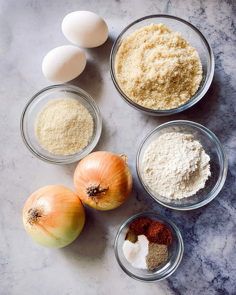 The image shows seven ingredients placed on a white marbled surface. There are two white eggs positioned on the left side. Near the eggs, two whole yellow onions with some brown and light orange parts on their skins are placed close together. Above the onions, two clear glass bowls hold dry ingredients: the larger bowl contains a light beige crumbly texture, while the smaller bowl next to it holds a finer white powdery substance. To the bottom right of the onions, there is another glass bowl filled with white flour. Next to it, a small clear bowl contains a mix of four spices in separate sections, with colors including white, light beige, brown, and reddish-brown. The photo was taken with an iphone --ar 4:5 --v 7