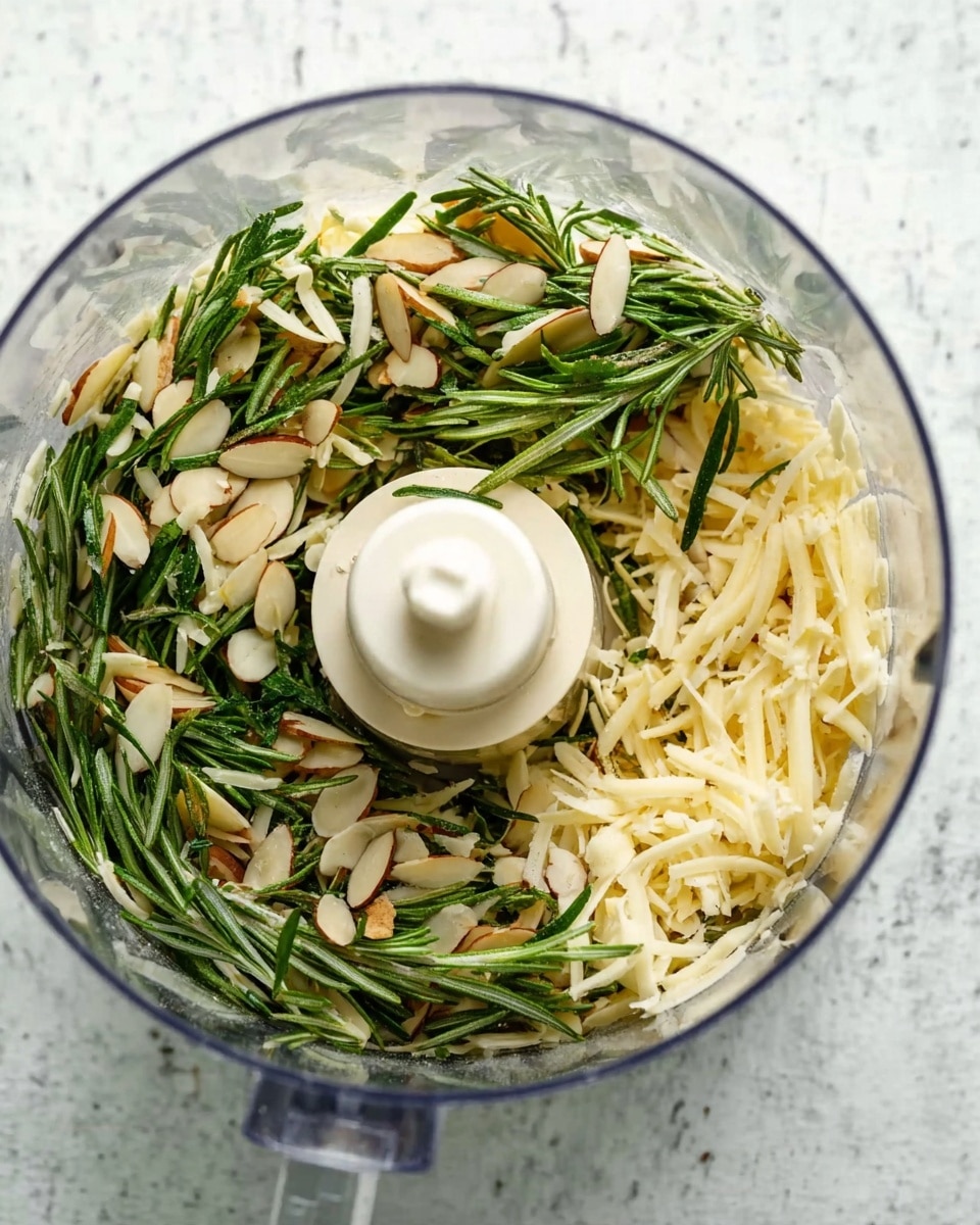 A clear food processor bowl filled with layers of fresh green rosemary sprigs, light brown sliced almonds, and thin strips of pale yellow shredded cheese, all mixed together inside. The center has a white plastic blade attachment, and the background is a white marbled texture. photo taken with an iphone --ar 4:5 --v 7