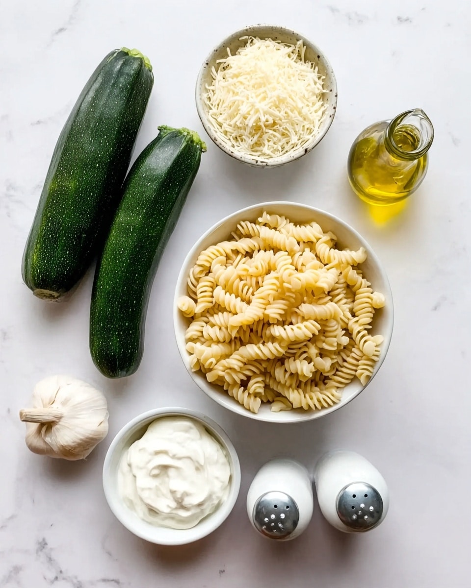 The image shows a top view of various cooking ingredients placed on a white marbled surface. There are two dark green zucchinis on the upper left side, and next to them is a small white bowl filled with grated cheese. To the right is a small clear bottle of yellow olive oil. In the center, there is a white bowl filled with uncooked curly pasta that has a light yellow color and ridged texture. Below the pasta bowl, there is a small white bowl with smooth white cream. In the bottom left corner, there is a whole garlic bulb while on the bottom right side, there are two white shakers with gray tops, likely for salt and pepper. The arrangement is neat and balanced, with a fresh and clean appearance. Photo taken with an iphone --ar 4:5 --v 7
