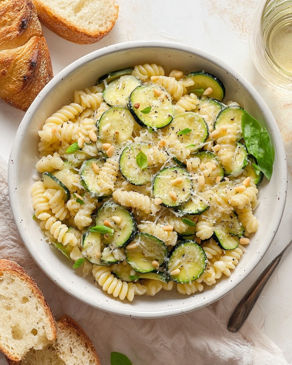 A white bowl filled with spiral pasta mixed with thinly sliced green zucchini. The pasta and zucchini are coated in a creamy light sauce, sprinkled with grated cheese and black pepper. Pine nuts and small green basil leaves are scattered on top. The bowl sits on a white marbled surface, with pieces of crusty bread and a glass of light-colored drink nearby. Photo taken with an iphone --ar 4:5 --v 7