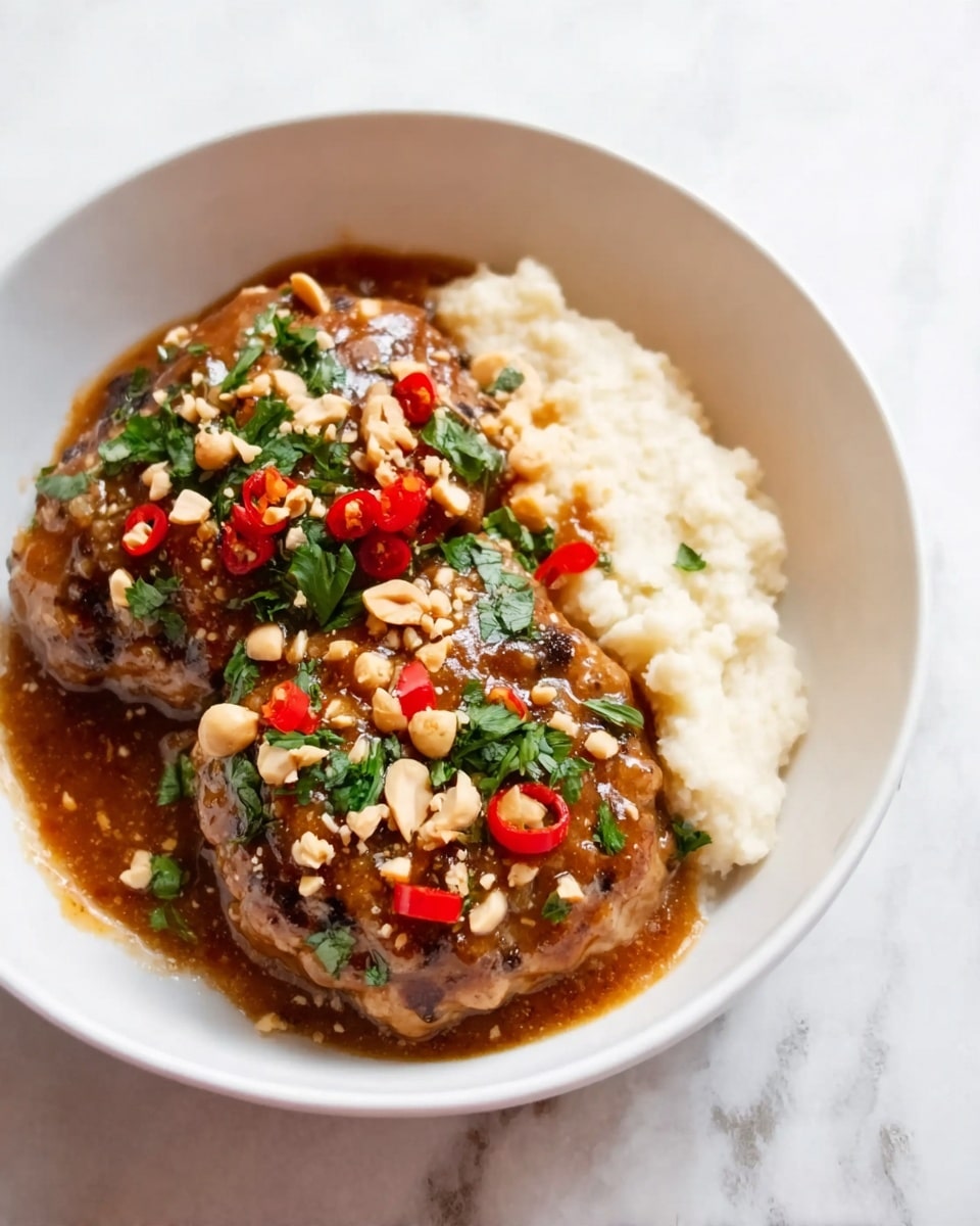 A white bowl on a white marbled surface holds two browned patties covered in a thick, glossy brown sauce. The patties are garnished with chopped peanuts, fresh green herbs, and sliced red chili peppers, adding bright red and green pops of color. The bowl is filled halfway with creamy off-white mashed cauliflower, creating a soft and textured contrast to the saucy patties. photo taken with an iphone --ar 4:5 --v 7