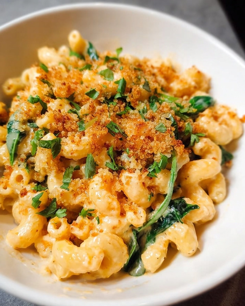 A white bowl filled with macaroni pasta covered in creamy light orange cheese sauce, mixed with bright green spinach leaves. The top is sprinkled with small pieces of golden brown crispy crumbs and fresh chopped green herbs. The pasta curls and folds create a rich texture with the sauce smoothly coating each piece. Photo taken with an iphone --ar 4:5 --v 7