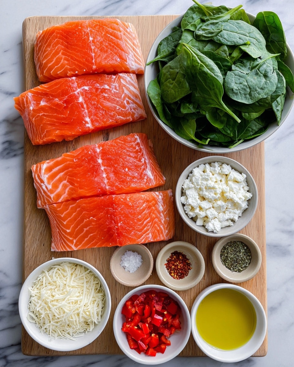 The image shows a wooden cutting board on a white marbled surface, holding fresh ingredients arranged neatly. On the left side, there are three large, bright orange pieces of raw salmon with white muscle lines, lying side by side. To the right, a white bowl is filled with fresh green spinach leaves stacked loosely. Below the salmon, there are six small bowls: one white bowl of grated cheese, a dark brown bowl with chopped red peppers, a white bowl containing white crumbly cheese, a small white bowl with yellow olive oil, and two small beige bowls with spices one with a mix of red powder and salt and the other with green dried herbs. The overall look is fresh, colorful, and well-organized. photo taken with an iphone --ar 4:5 --v 7