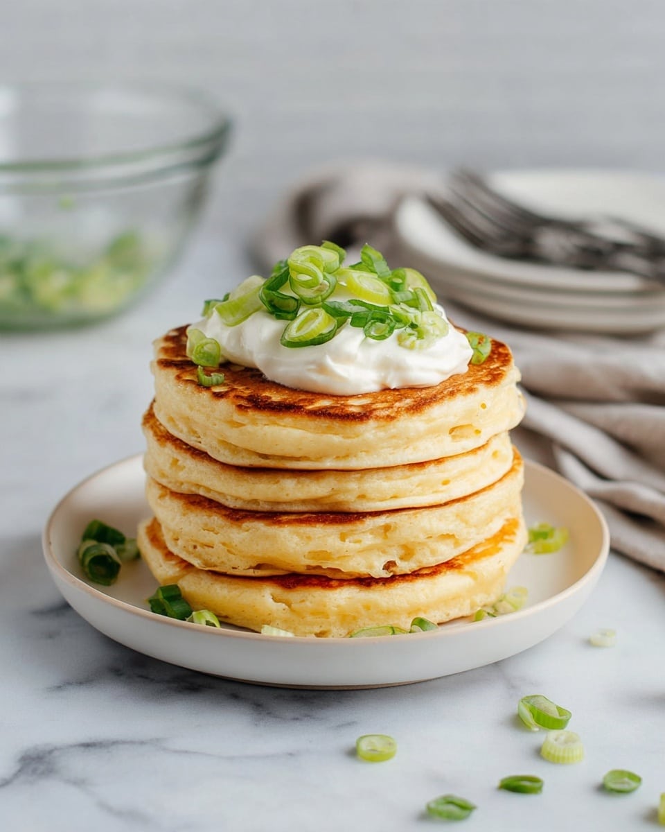 A stack of four thick, golden-brown pancakes sits in the center of a white plate on a white marbled surface. Each pancake is fluffy with light browning on the edges and layers clearly visible. On top, there is a dollop of white cream that looks smooth and soft, crowned with a generous sprinkle of chopped bright green scallions. Some scallions are scattered around the base of the stack, adding a fresh pop of color. In the soft-focused background, a clear mixing bowl and a stack of white plates with silver forks are faintly visible. Photo taken with an iphone --ar 4:5 --v 7