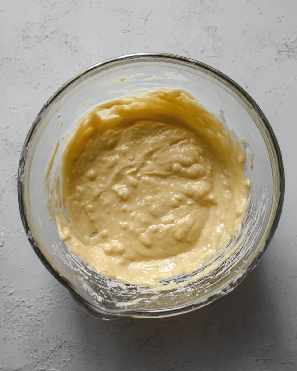 A clear glass bowl sits on a white marbled surface, filled with thick, pale yellow batter that has small lumps and a smooth texture. The batter spreads evenly inside the bowl, showing a few thicker clumps throughout. There are white flour smudges on the inside sides of the bowl, and the bowl’s shape is rounded with a pour spout visible on one side. Photo taken with an iphone --ar 4:5 --v 7