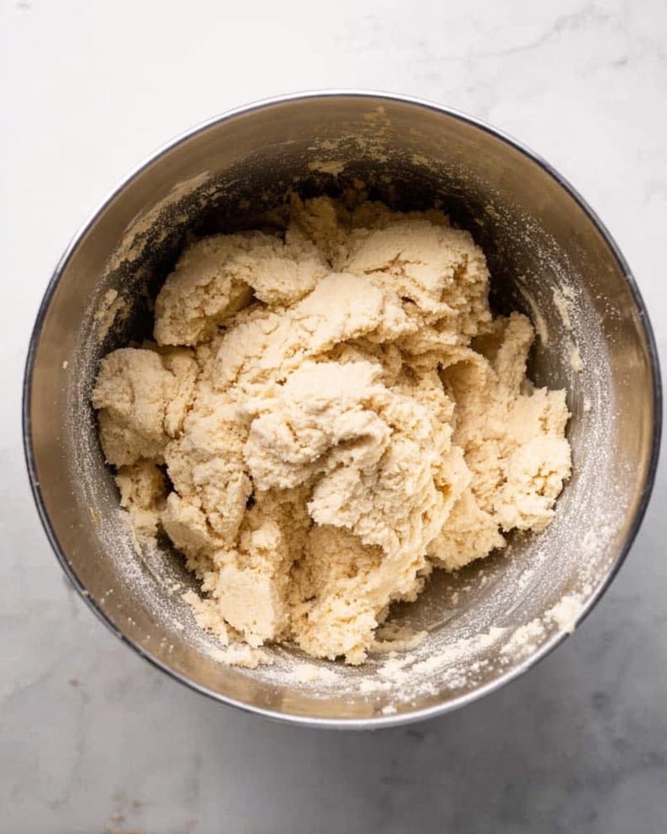 Inside a silver mixing bowl, there is a large amount of pale beige dough with a crumbly and rough texture. The dough is piled unevenly, with some parts broken into chunks, showing a slightly grainy surface. The bowl sits on a white marbled surface which contrasts with the dough's light color and the metal’s shine. Small bits of dough cling to the inner sides of the bowl, adding a scattered effect around the main mass of dough. photo taken with an iphone --ar 4:5 --v 7